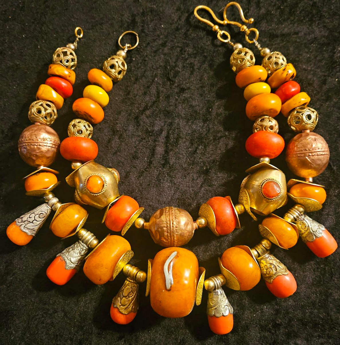 Exotic Ethnic Beaded Tribal Statement Necklace Set, Orange Copper & Gold Neck Candy for Women of Color, Haute Couture Choker Set