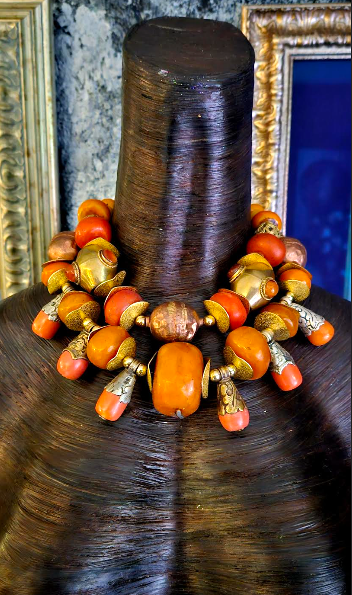 Exotic Ethnic Beaded Tribal Statement Necklace Set, Orange Copper & Gold Neck Candy for Women of Color, Haute Couture Choker Set