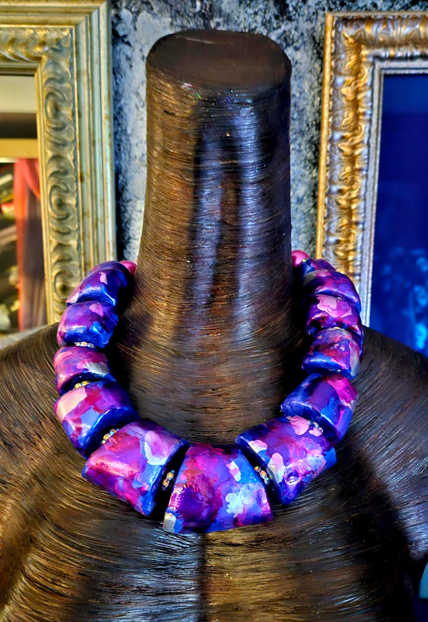 Statement Necklace Hand Sculpted Oversized Beaded Pink Purple Silver Jewelry Haute Couture OOAK Wearable Art