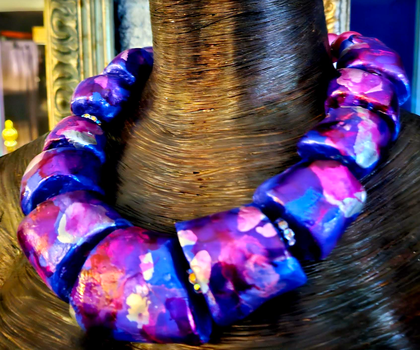 Statement Necklace Hand Sculpted Oversized Beaded Pink Purple Silver Jewelry Haute Couture OOAK Wearable Art