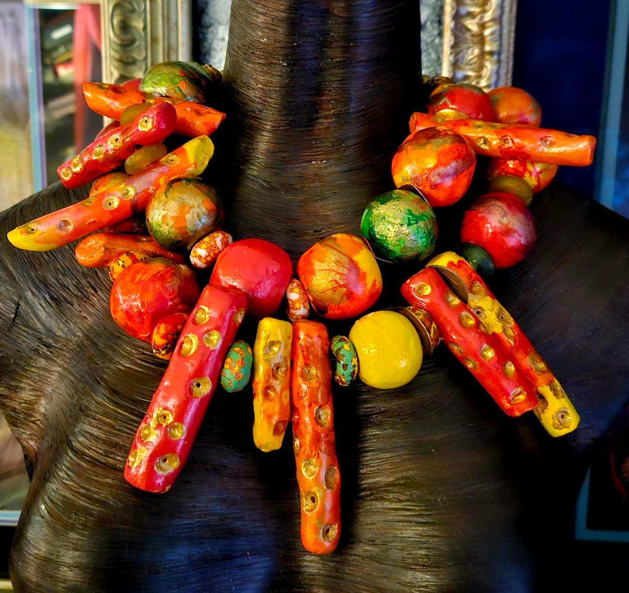 Neck Candy Oversized Beaded Summer Orange Red Gold Green Pink Yellow, Statement Necklace Artisan Haute Couture, Jewelry Wow Factor