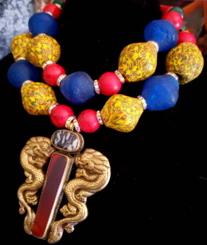 Colorful African Recycled Glass Tribal Necklace with Double Dragon Pendant - Bold Chunky Heavy Yellow Red and Blue Ethnic Beaded Chest Piece - Kat Kouture Jewelry