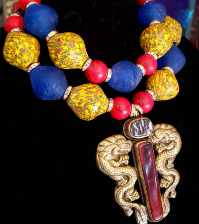 Colorful African Recycled Glass Tribal Necklace with Double Dragon Pendant - Bold Chunky Heavy Yellow Red and Blue Ethnic Beaded Chest Piece - Kat Kouture Jewelry