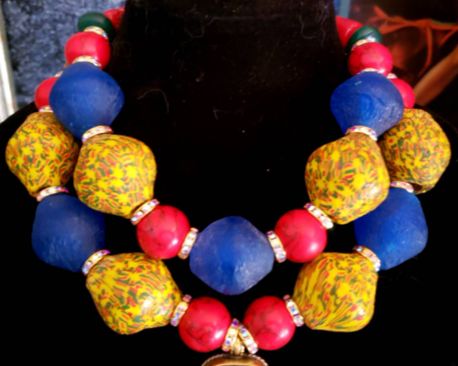 Colorful African Recycled Glass Tribal Necklace with Double Dragon Pendant - Bold Chunky Heavy Yellow Red and Blue Ethnic Beaded Chest Piece - Kat Kouture Jewelry