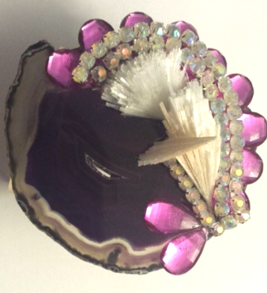 Statement Cuff Agate Gemstone Crystals, Wrist Candy Purple White Pink, Bauble Bling Black Tie Formal