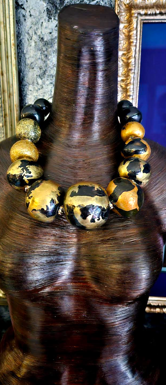 Necklace Beaded Massive Hand Sculpted Black Gold Women, Neck Candy Avant Garde Oversized Orbs, Jewelry Runway Ready Rich Post
