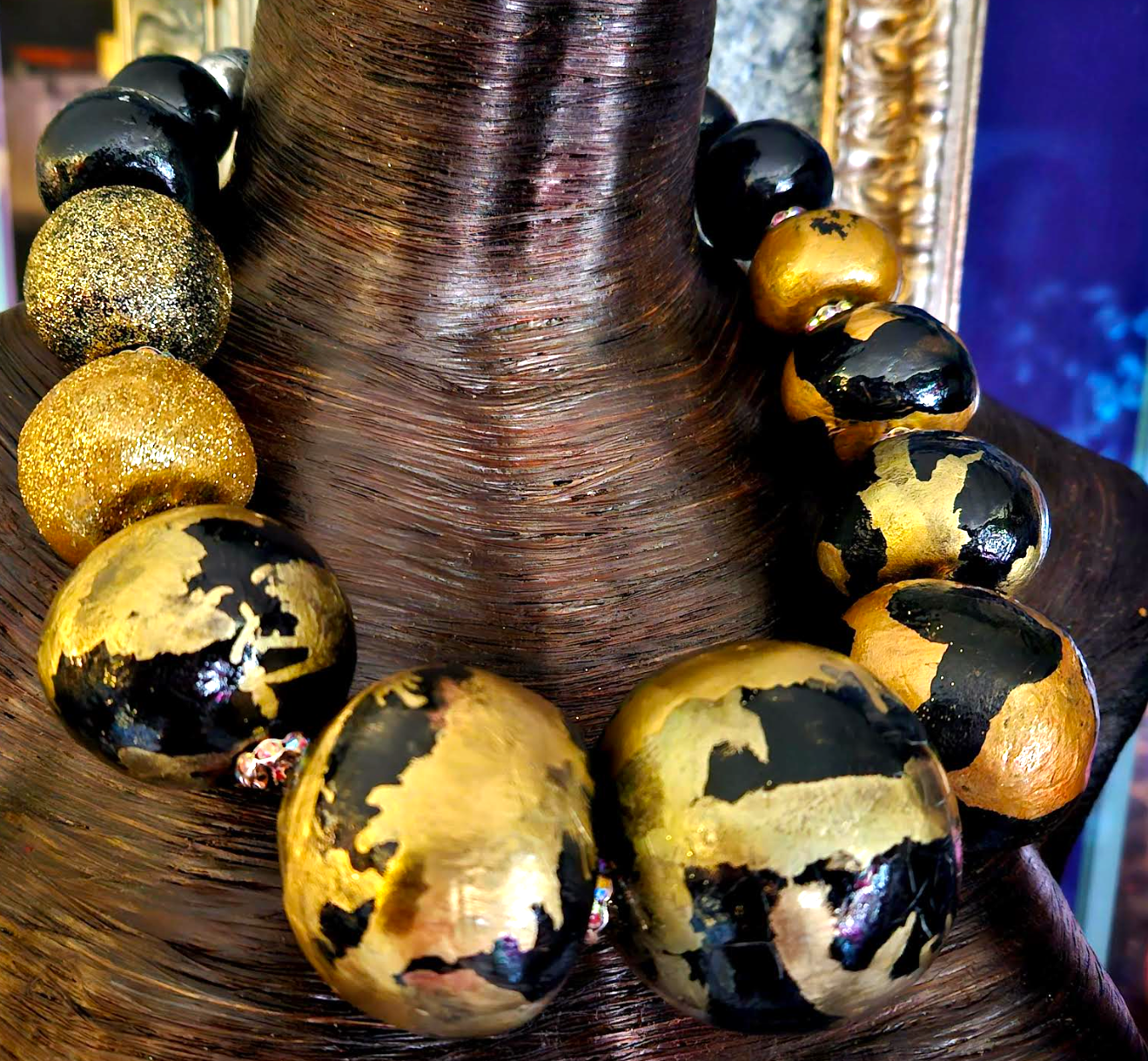 Necklace Beaded Massive Hand Sculpted Black Gold Women, Neck Candy Avant Garde Oversized Orbs, Jewelry Runway Ready Rich Post