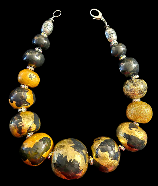 Luxury Necklace Beaded Massive Hand Sculpted Black Gold Women, Neck Ca