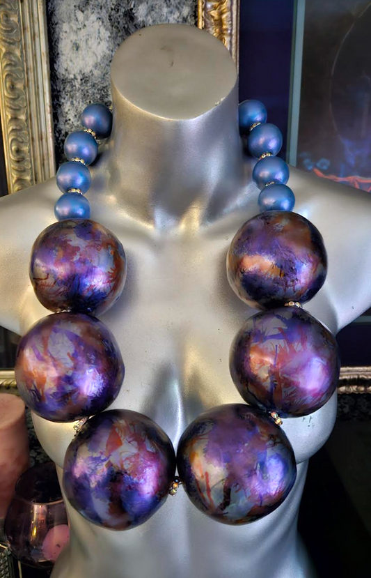 Statement Necklace Massive Beads Hand Sculpted Metallic, Jewelry Avant Garde Orbs Lightweight, OOAK Art to Wear Kat Kouture