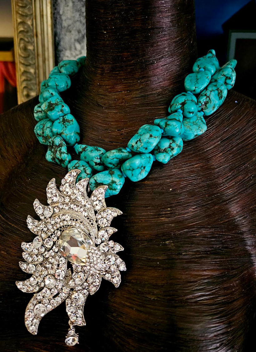 Statement Pendant Rhinestone Art Deco, Necklace Blue Green Magnesite Nugget, Jewelry Artisian OOAK Kat Kouture