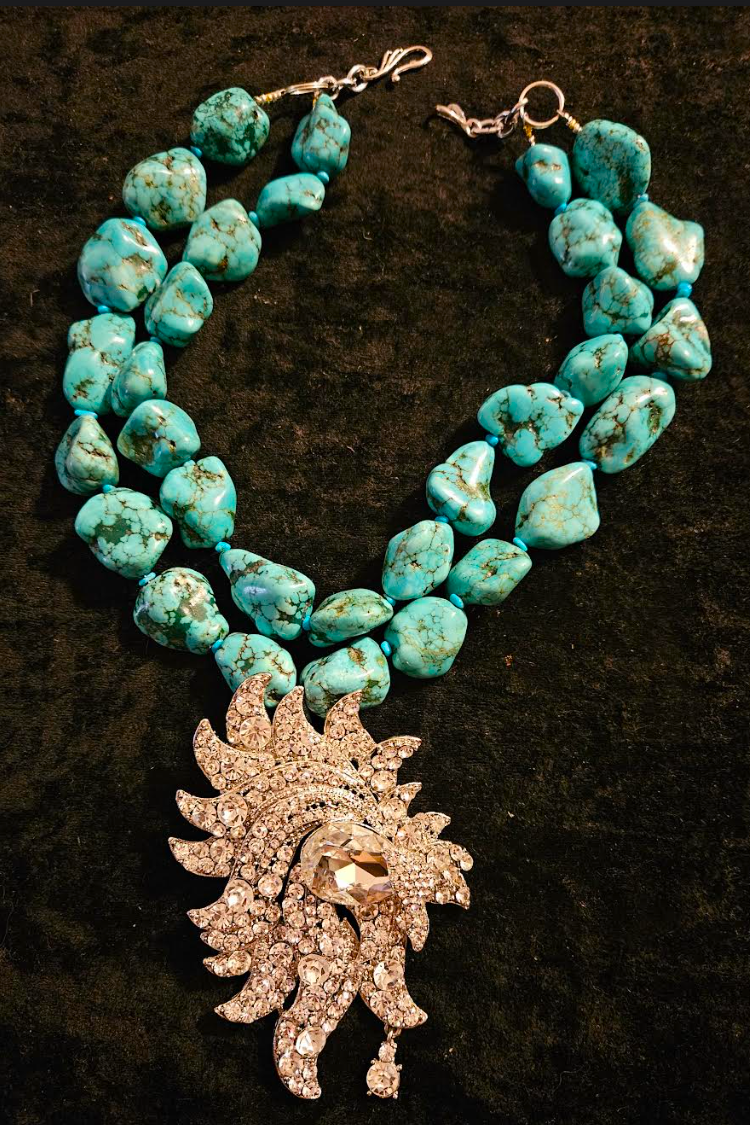 Statement Pendant Rhinestone Art Deco, Necklace Blue Green Magnesite Nugget, Jewelry Artisian OOAK Kat Kouture