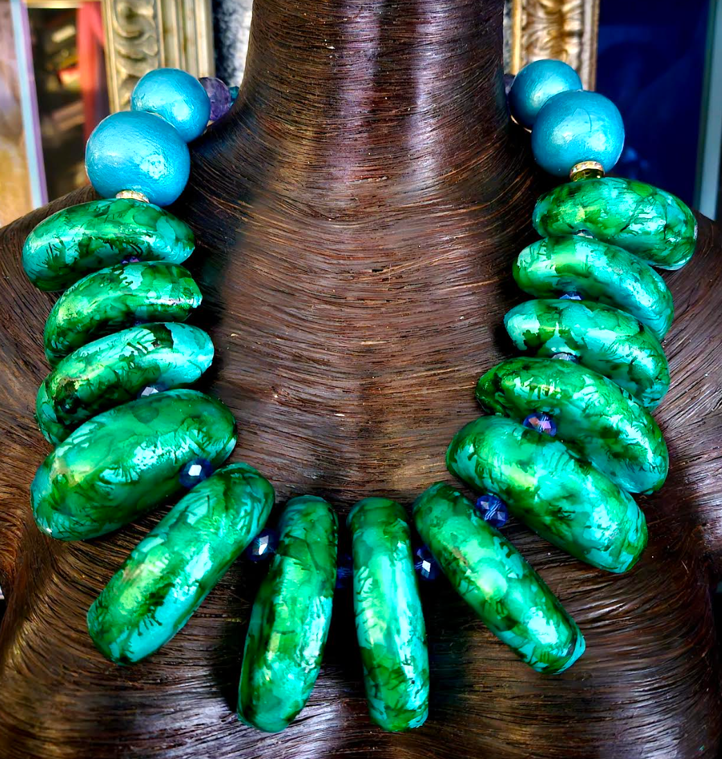 Statement Necklace Sculpted Beads Emerald Green, Jewelry Neck Candy OOAK Avant Garde, Wearable Art Kat Kouture Jewelry