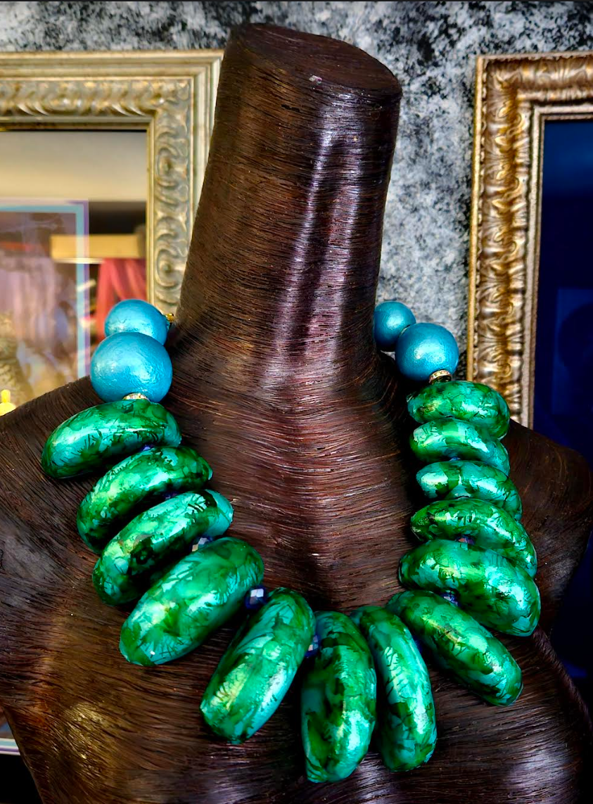 Statement Necklace Sculpted Beads Emerald Green, Jewelry Neck Candy OOAK Avant Garde, Wearable Art Kat Kouture Jewelry