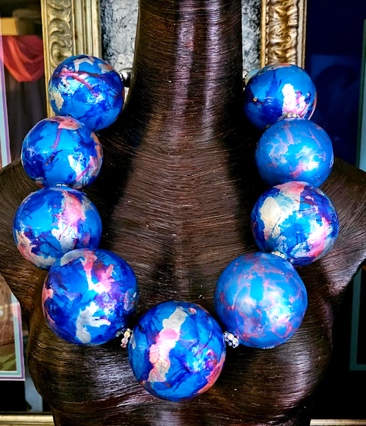 Necklace Beaded Sculpted Orbs Blue Silver Pink, Neck Candy Oversized Beads Lightweight, Jewelery Avant Garde Showstopper