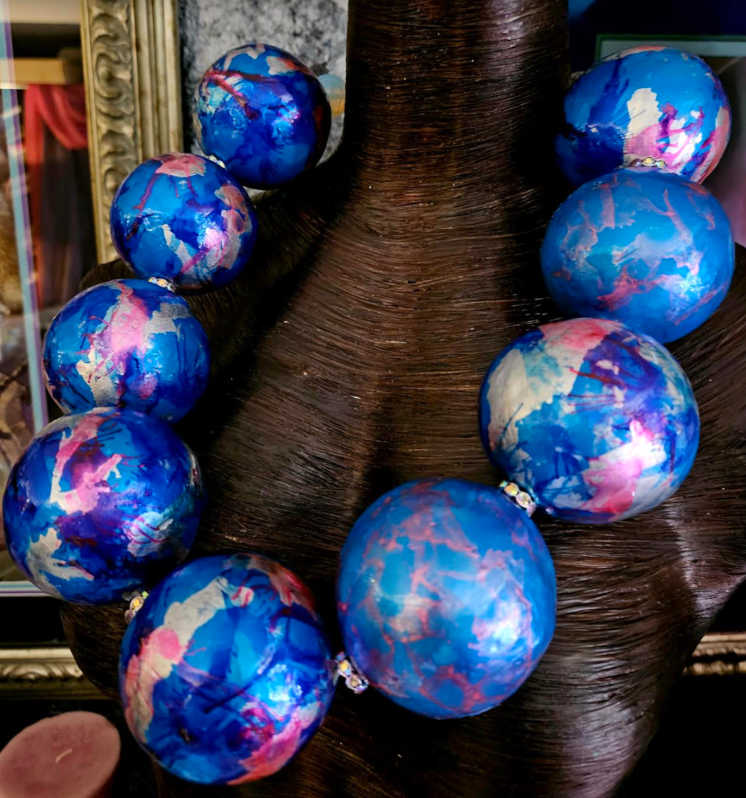 Necklace Beaded Sculpted Orbs Blue Silver Pink, Neck Candy Oversized Beads Lightweight, Jewelery Avant Garde Showstopper