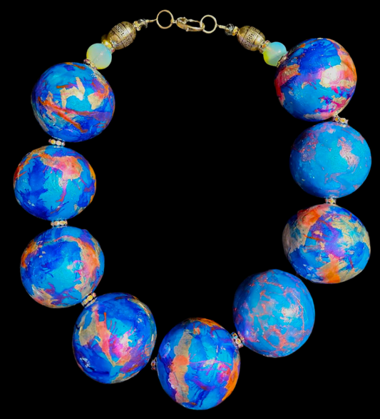Luxury Necklace Beaded Sculpted Orbs Blue Silver Pink, Neck Candy Over