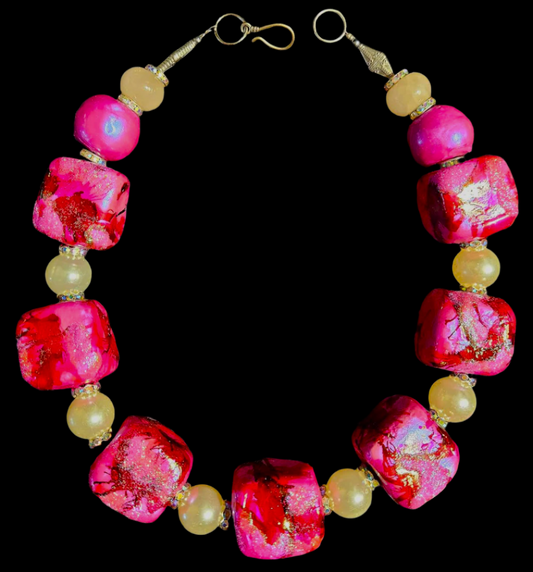 Neck Candy Sculpted Cubes Fuchsia & Faux Pearl, Statement Luxury Neckl