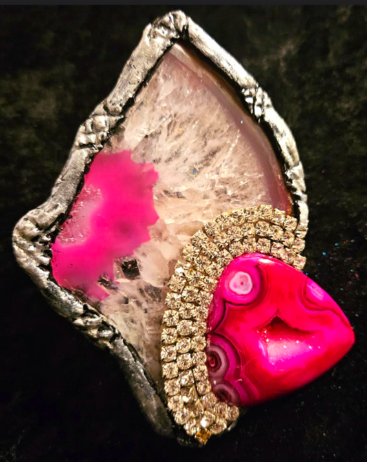 Statement Ring Druzy Agate Hot Pink & Rhinestone, Hand Ring Sculpted Gemstone Cocktail, Jewelry Gaudy Bling Bling