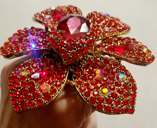 Hand Ring Adjustable Flower Red Rhinestone, Statement Ring Bling Bling Drag