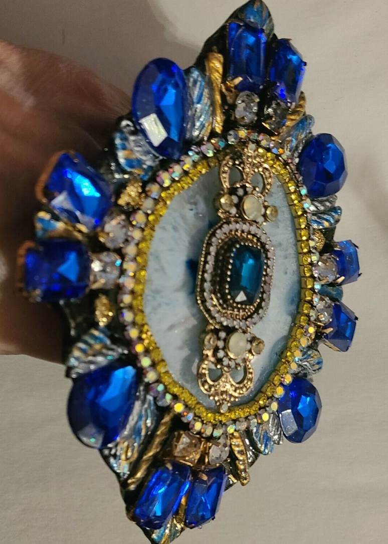 Hand Ring Three Finger Blue Agate Crystal Art Deco, Statement Ring Oversized Gaudy, Jewelry Drag Las Vegas