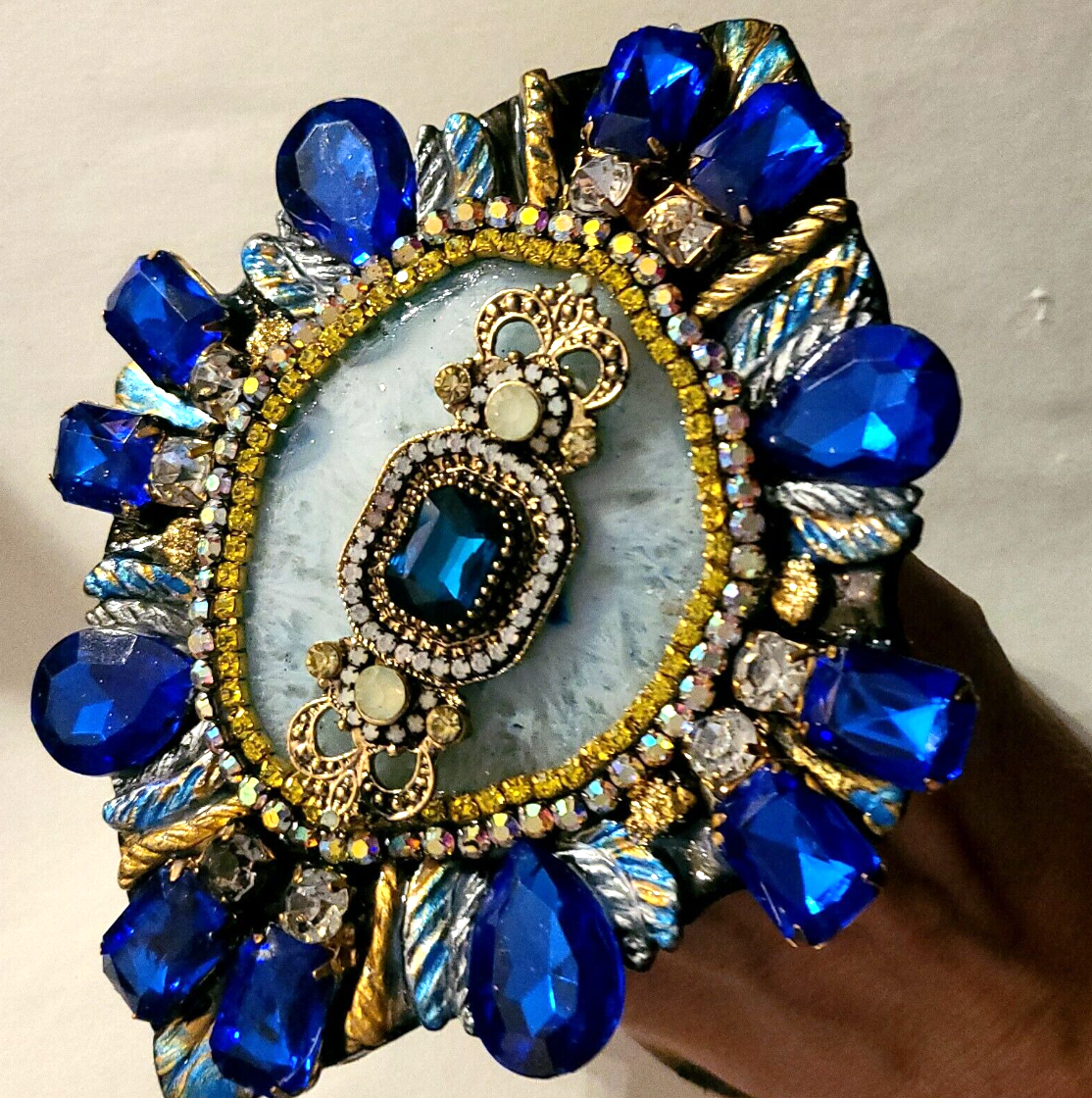 Hand Ring Three Finger Blue Agate Crystal Art Deco, Statement Ring Oversized Gaudy, Jewelry Drag Las Vegas