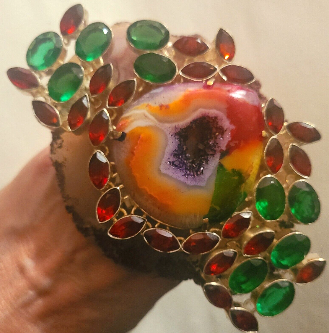 Hand Ring Druzy Solar Agate Red Green Crystals, Finger Candy Adjustable Gaudy, Jewelry Drag Queen