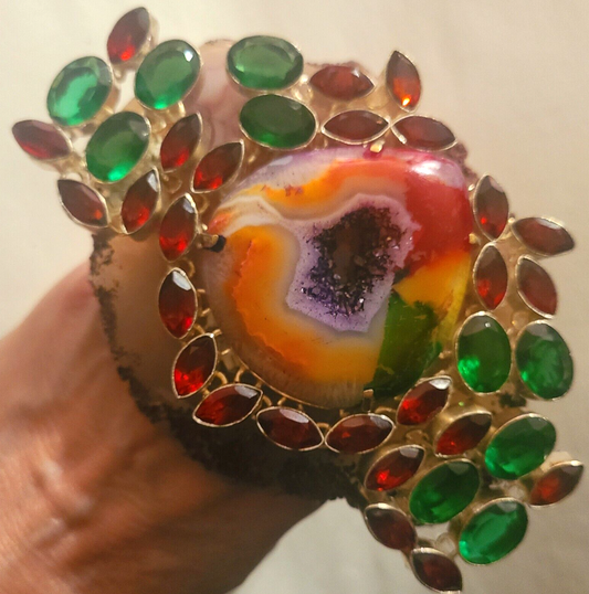 Hand Ring Druzy Solar Agate Red Green Crystals, Finger Candy Adjustable Gaudy, Jewelry Drag Queen