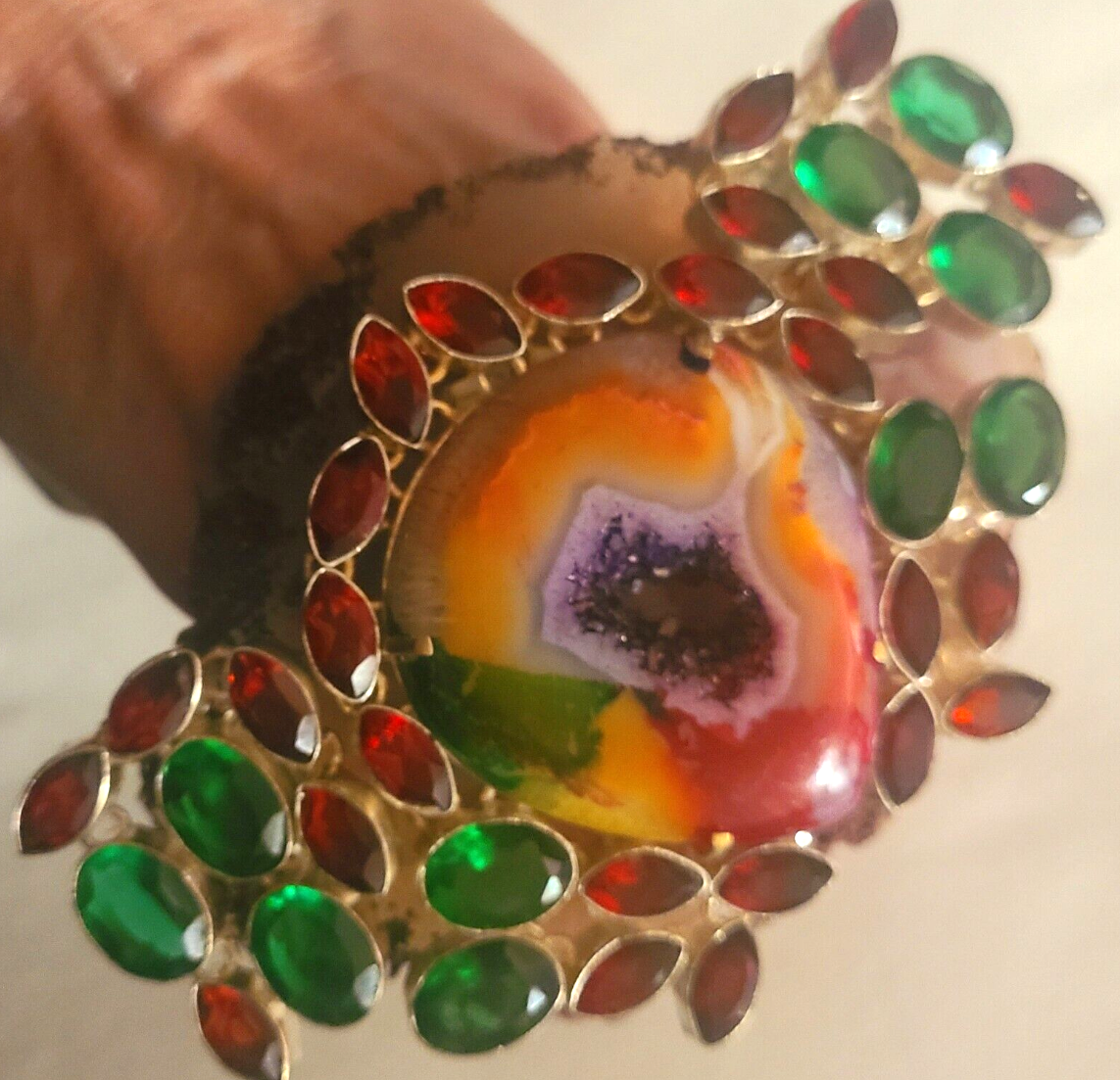 Hand Ring Druzy Solar Agate Red Green Crystals, Finger Candy Adjustable Gaudy, Jewelry Drag Queen