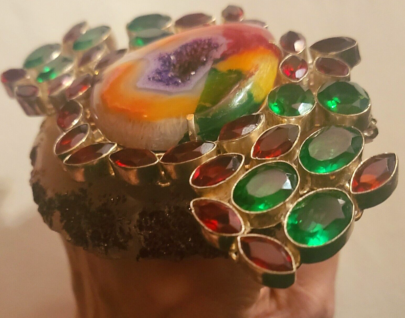 Hand Ring Druzy Solar Agate Red Green Crystals, Finger Candy Adjustable Gaudy, Jewelry Drag Queen