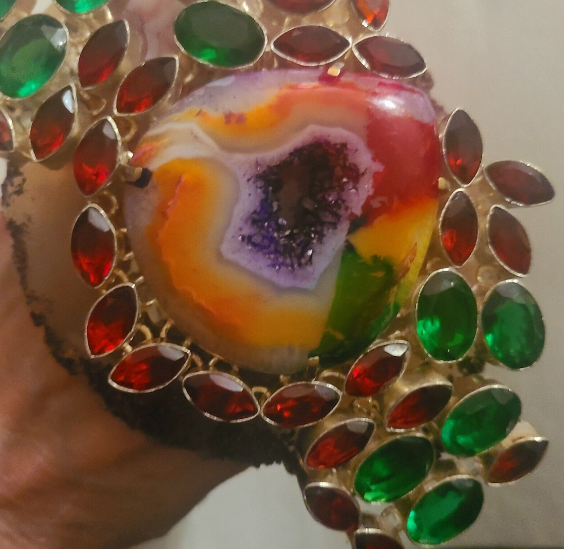 Hand Ring Druzy Solar Agate Red Green Crystals, Finger Candy Adjustable Gaudy, Jewelry Drag Queen