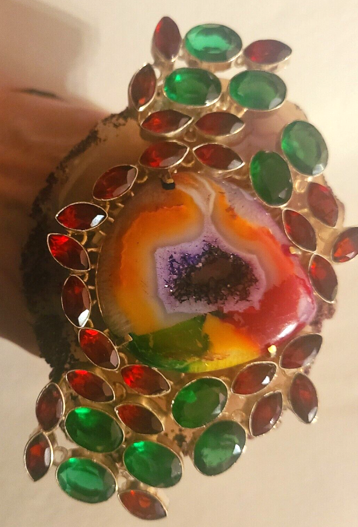 Hand Ring Druzy Solar Agate Red Green Crystals, Finger Candy Adjustable Gaudy, Jewelry Drag Queen