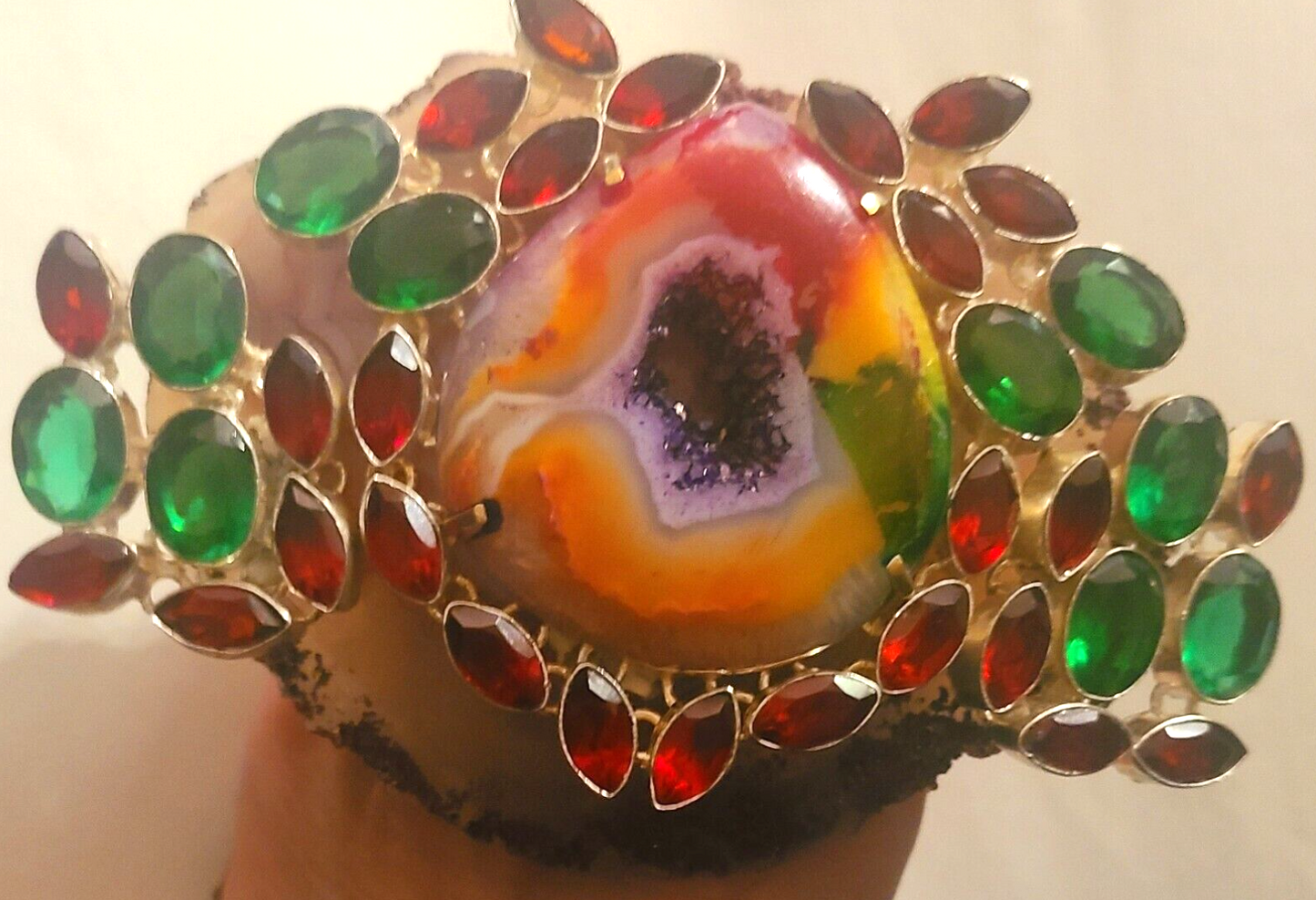 Hand Ring Druzy Solar Agate Red Green Crystals, Finger Candy Adjustable Gaudy, Jewelry Drag Queen