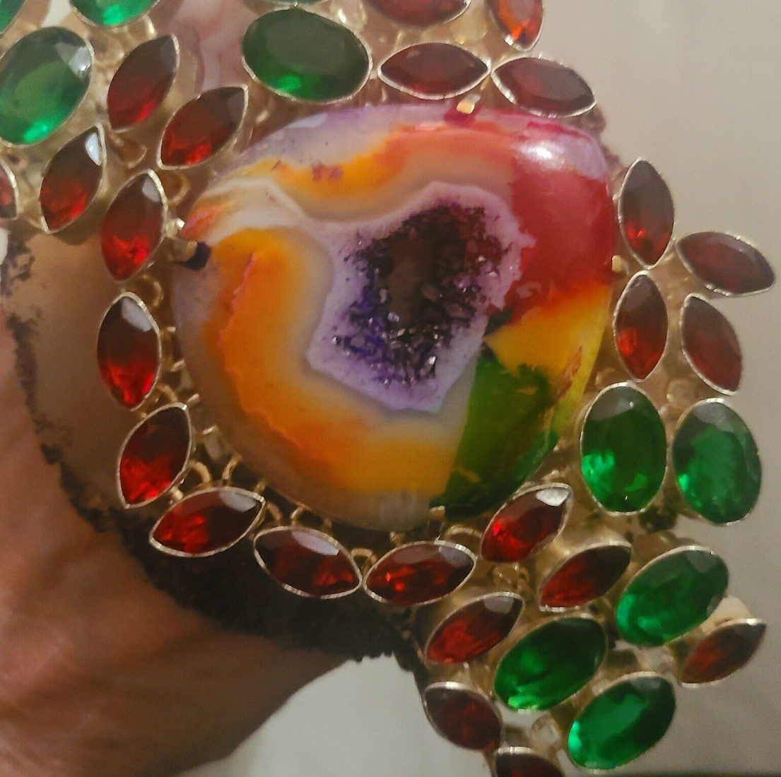 Hand Ring Druzy Solar Agate Red Green Crystals, Finger Candy Adjustable Gaudy, Jewelry Drag Queen