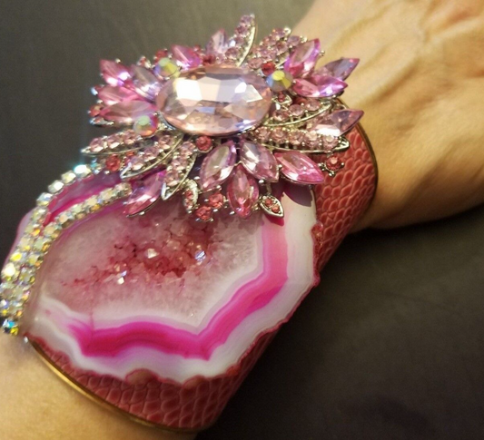 Statement Cuff Agate Rhinestone Hot Pink, Wrist Candy Faux Alligator Fuchsia, Bauble Gemstone