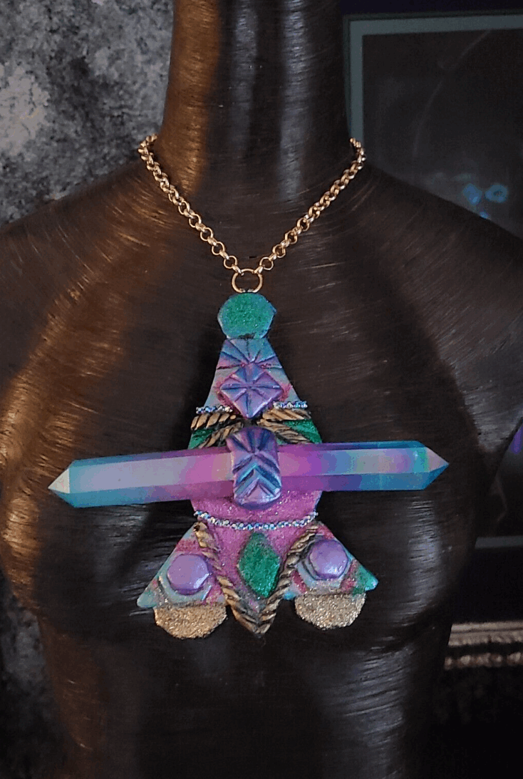 Art Deco Styled Crystal Jewel Tone Amulet, Flapper Talisman Rainbow, Statement Pendant Gemstone Obelisk