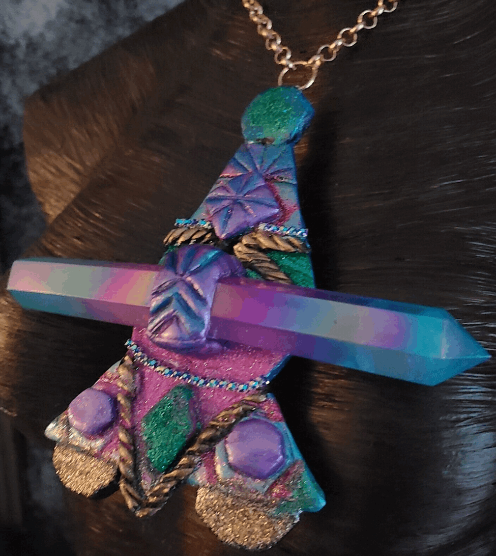 Art Deco Styled Crystal Jewel Tone Amulet, Flapper Talisman Rainbow, Statement Pendant Gemstone Obelisk