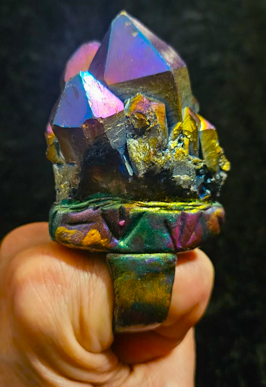 Jewel Tone Titanium Rough Quartz Sculpted Ring Size 8-9, Rough Rainbow Tower Statement Ring Avant Garde