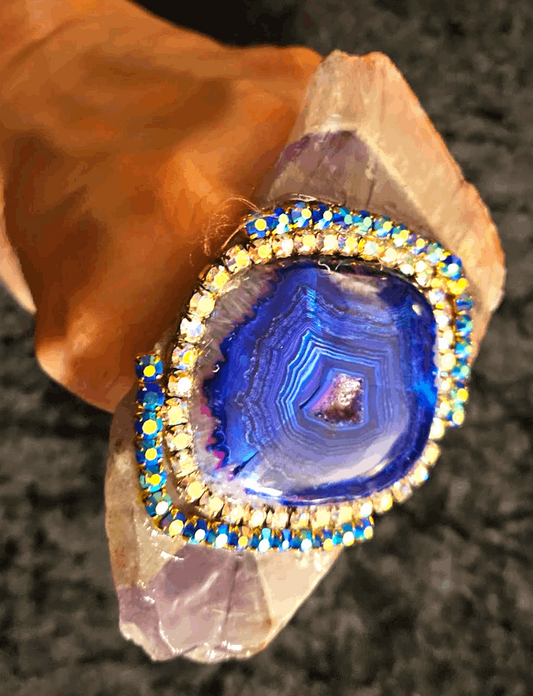 Amethyst Slab Druzy Agate & Rhinestone Statement Ring, Purple Blue Gemstone Two Finger Hand Ring, Exotic Wearable Art Jewelry