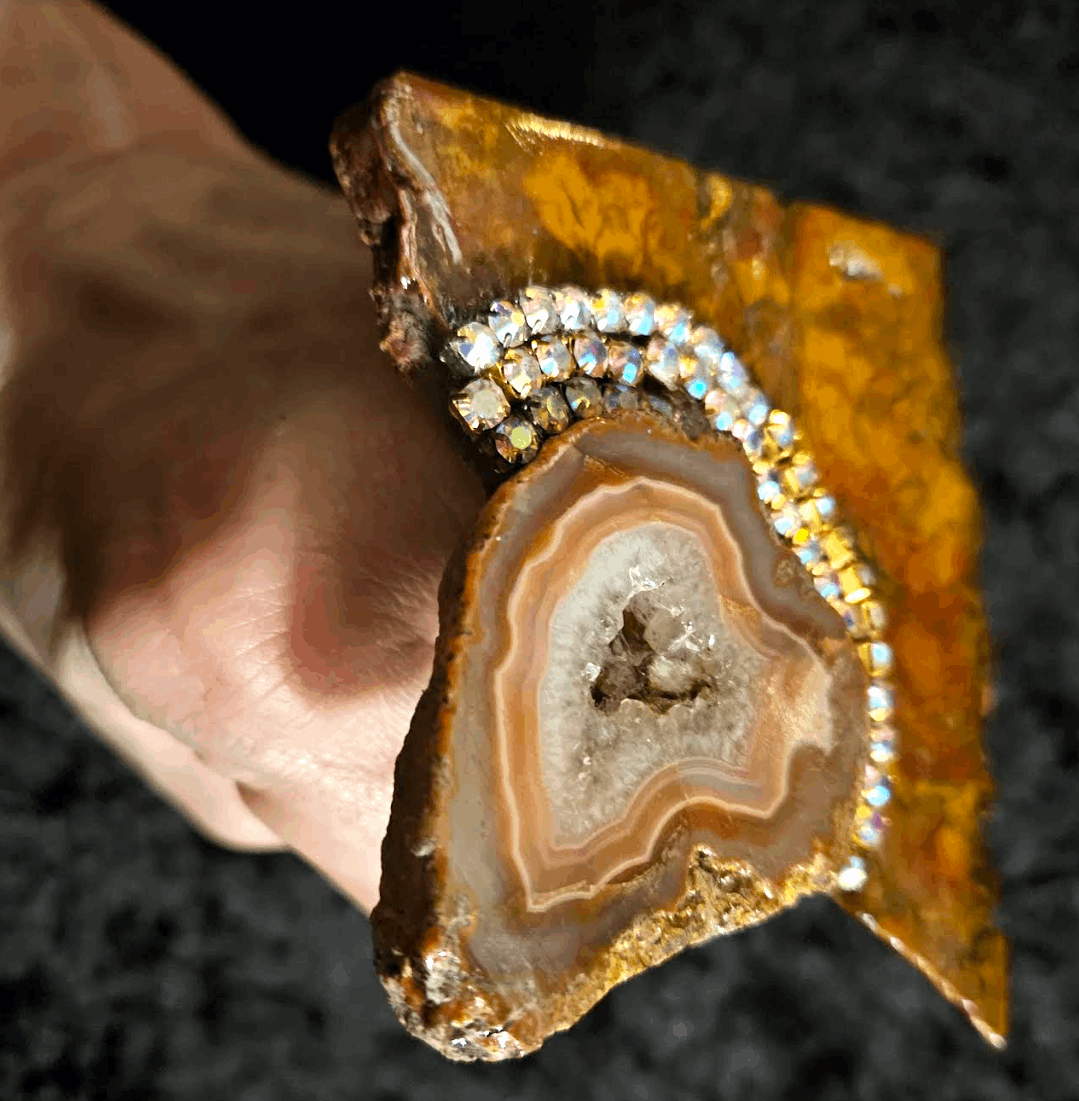Brown Orange Jasper Rhinestone & Druzy Agate Slice Hand Ring, Autumn Adjustable Rustic Finger Candy Women of Color