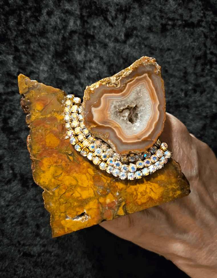 Brown Orange Jasper Rhinestone & Druzy Agate Slice Hand Ring, Autumn Adjustable Rustic Finger Candy Women of Color