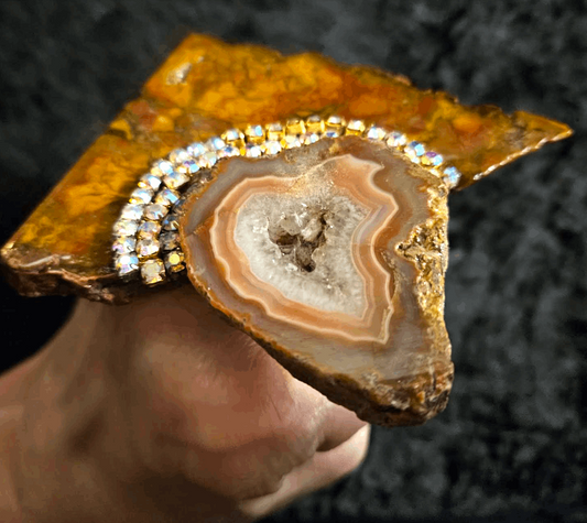 Brown Orange Jasper Rhinestone & Druzy Agate Slice Hand Ring, Autumn Adjustable Rustic Finger Candy Women of Color