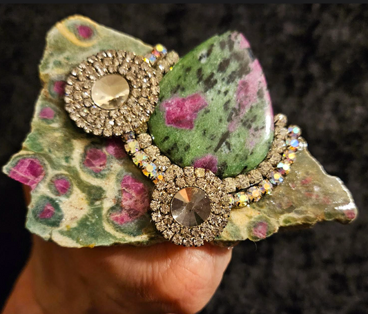 Ruby Zoisite & Rhinestone Slab Statement Ring, Avant Garde Adjustable Gemstone Finger, Oversized Runway Accessory Candy