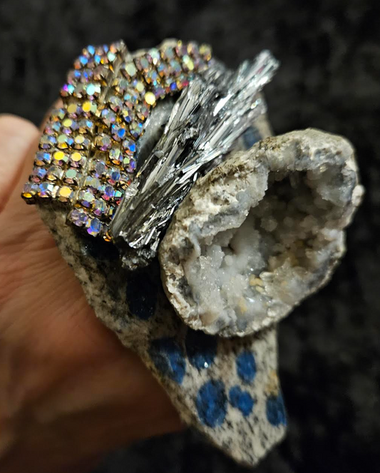 K2 Blue Slab Geode Kyanite & Rhinestone Statement Ring, Avant Garde Adjustable Finger Candy Women