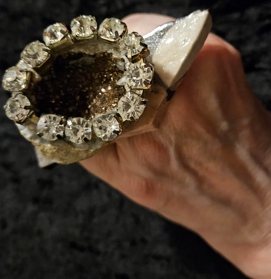 Earthy Jasper Slab & Rhinestone Geode Statement Ring, Earth Tone Adjustable Finger Candy, Brown Crystal Avant Garde Ring