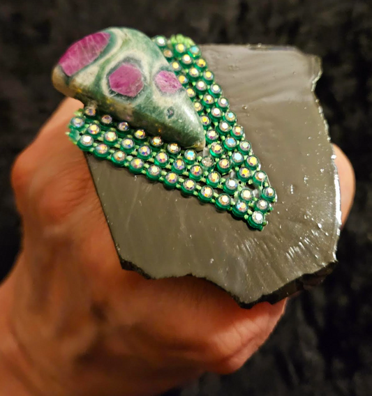 Modern Art Deco Zoisite & Black Slab Statement Ring, Jewelry Finger Candy Black Green Pink, Accessory Runway Ready