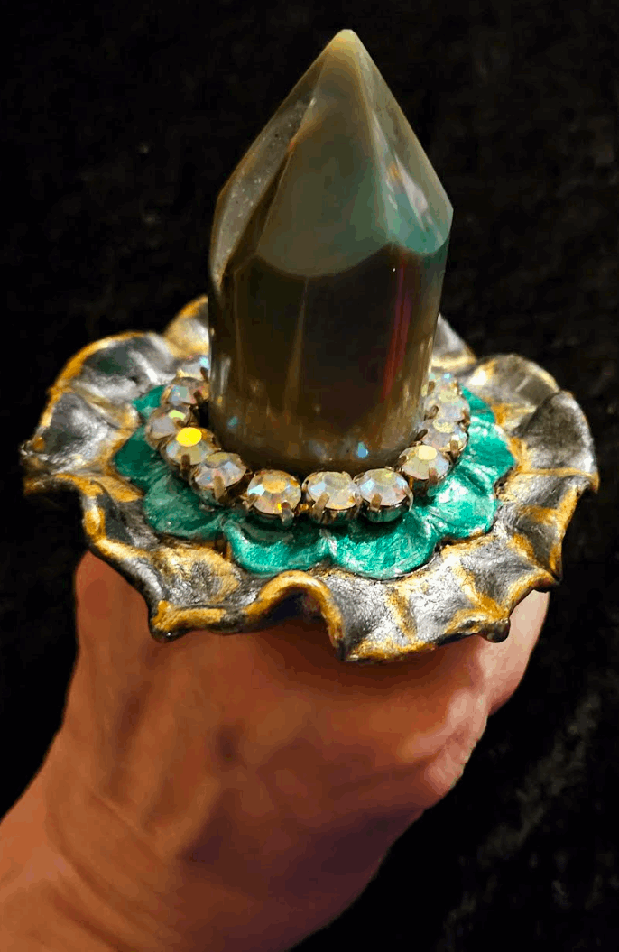 Agate Druzy Obelisk Sculpted Two Finger Hand Ring, Green Gemstone Oversized Flower Statement Ring, Jewelry Finger Candy Eccentric