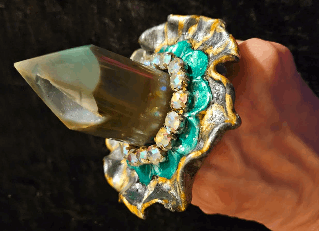 Agate Druzy Obelisk Sculpted Two Finger Hand Ring, Green Gemstone Oversized Flower Statement Ring, Jewelry Finger Candy Eccentric