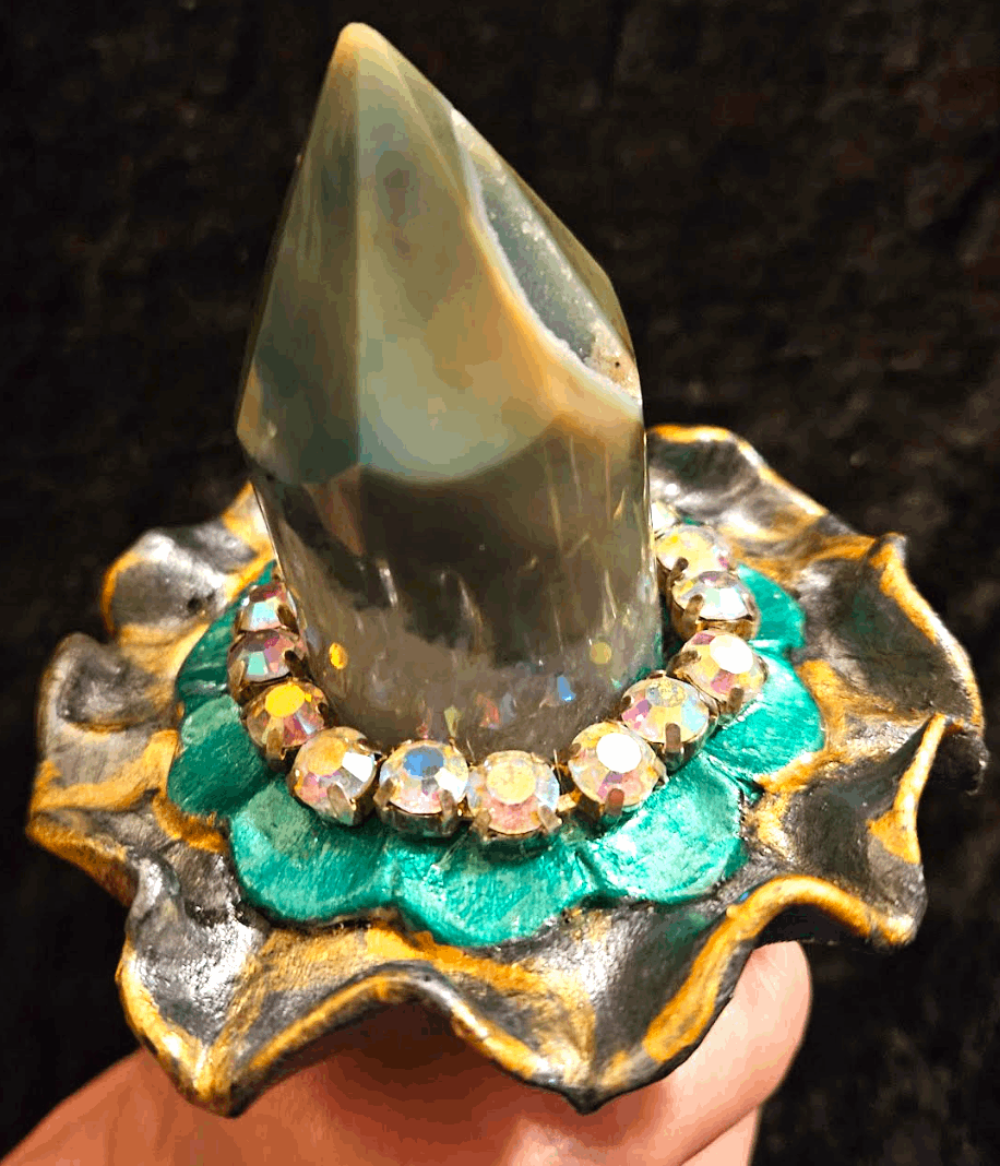 Agate Druzy Obelisk Sculpted Two Finger Hand Ring, Green Gemstone Oversized Flower Statement Ring, Jewelry Finger Candy Eccentric