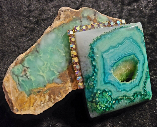 Chrysoprase Slab Green Druzy Agate Two Finger Adjustable Unisex Statement Ring, Gemstone Hand Ring Unisex