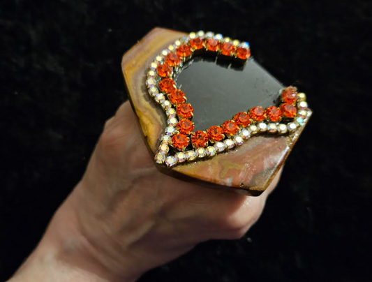 Polished Jasper Black & Red Brown Abstract Rhinestone Hand Ring, Oversized Modern Art Deco Adjustable Statement Ring, Jewelry OOAK Wearable Art